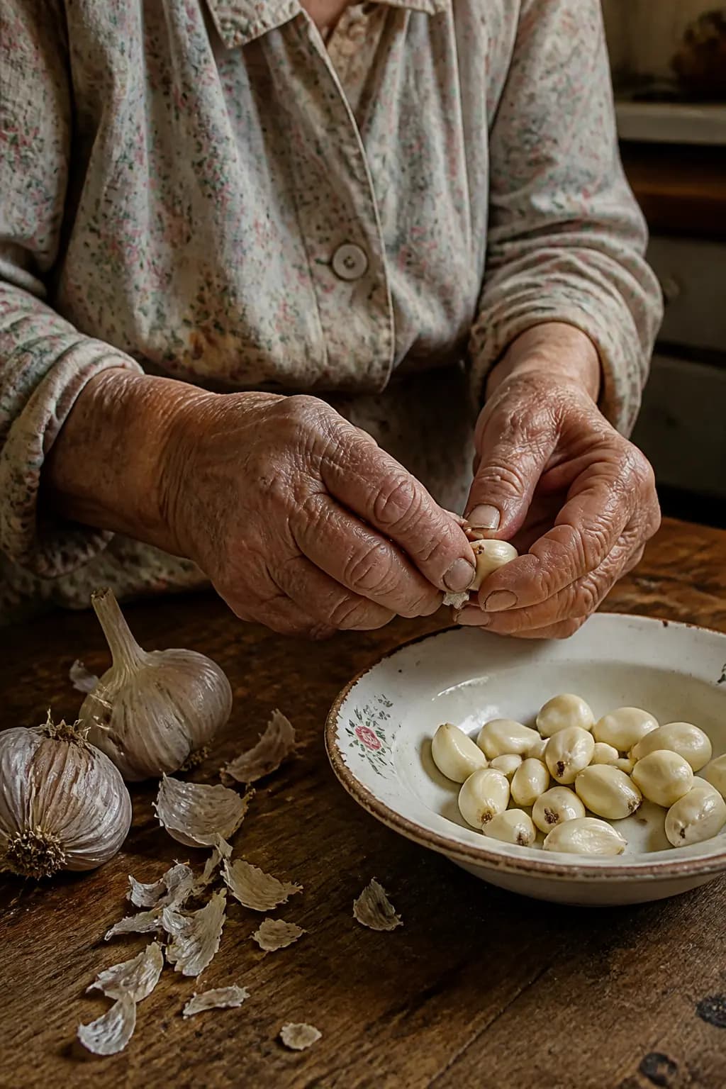 Руки пожилой женщины чистят чеснок